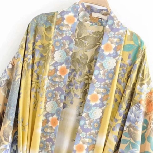 Yellow Gypsy Willow Floral Open Kimono Duster Robe - Picture 6 of 7